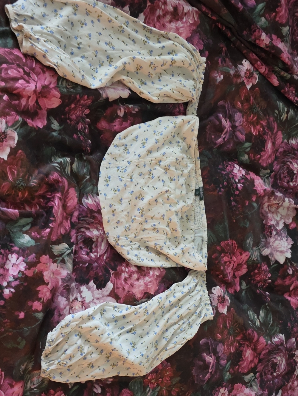 wild fable Cream Floral Puff-Sleeve Crop Top with Blue Blossoms